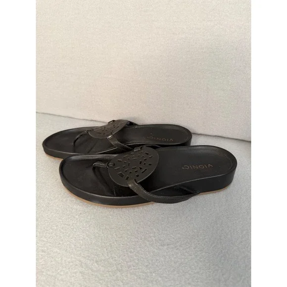 Vionic Solari Black Leather Thong Sandals Medallion Wedge Womens 9.5 JH:01-2023 - Picture 5 of 6